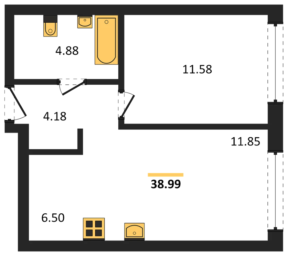 Планировка: 1-комн., 39 м²