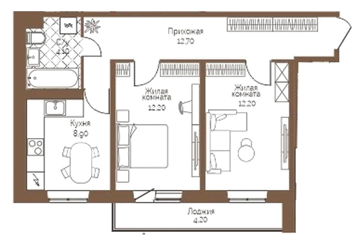 Планировка: 2-комн., 52,2 м²