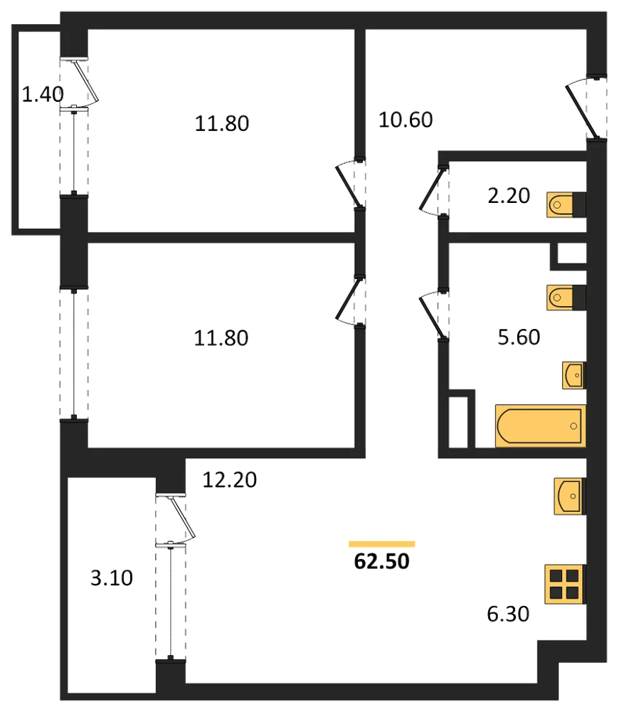 Планировка: 2-комн., 62,5 м²
