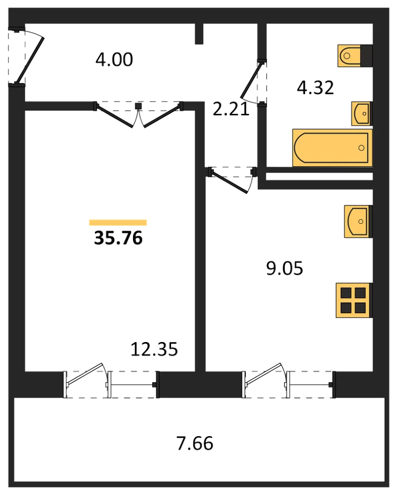 Планировка: 1-комн., 35,8 м²