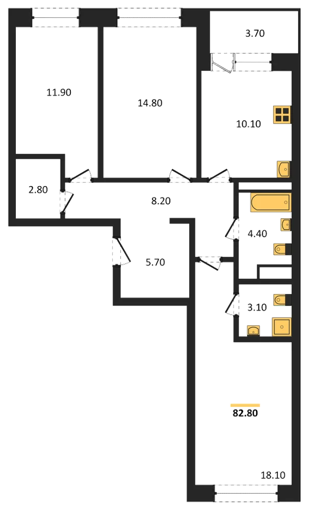 Планировка: 3-комн., 82,8 м²
