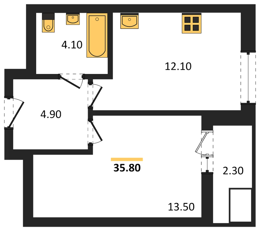 Планировка: 1-комн., 35,8 м²