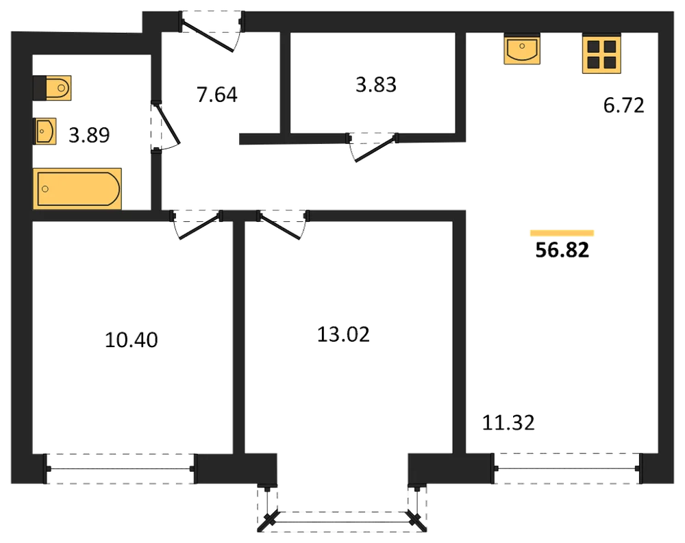 Планировка: 3-комн., 56,5 м²