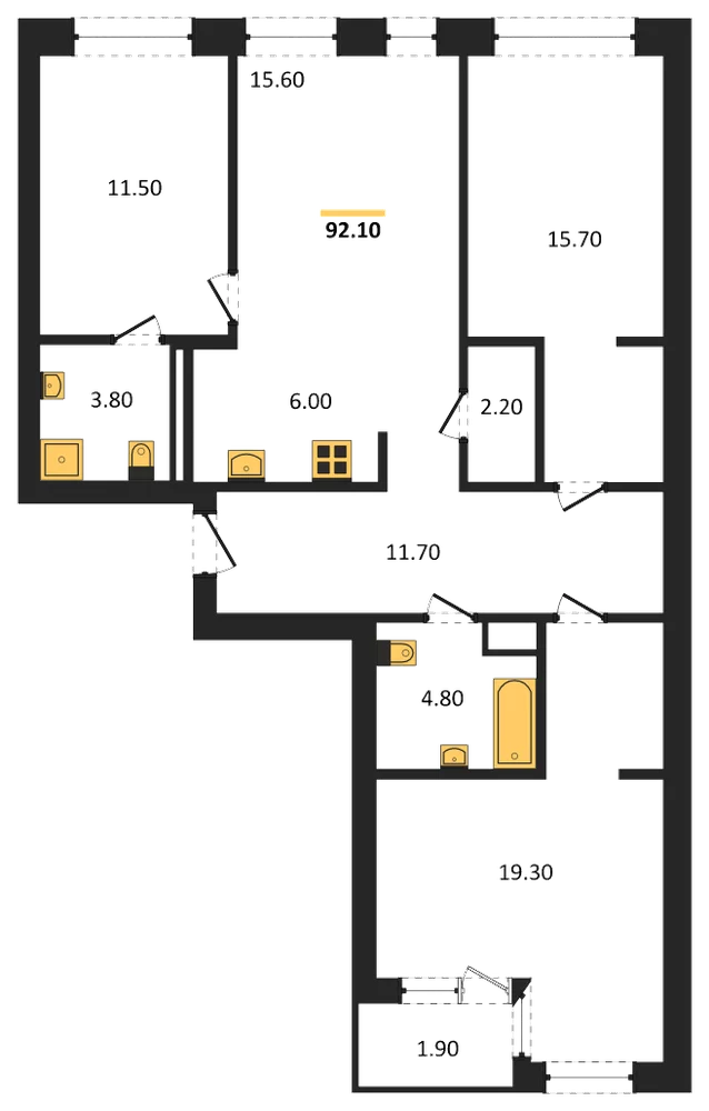 Планировка: 3-комн., 92,5 м²