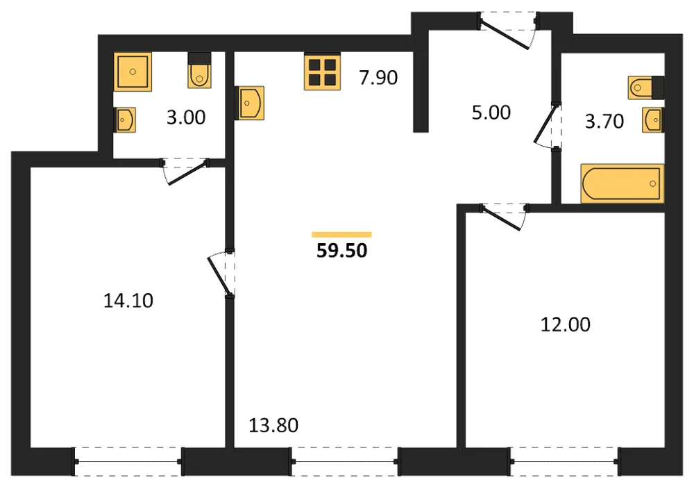 Планировка: 2-комн., 59,5 м²