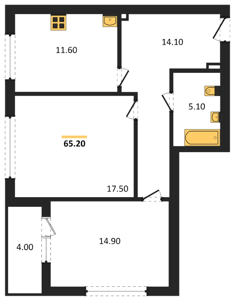 Планировка: 2-комн., 65,2 м²