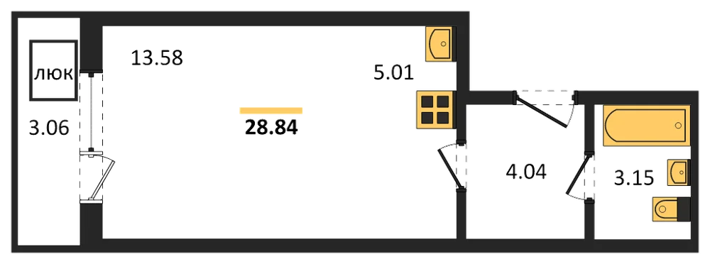 Планировка: Студия, 28,8 м²