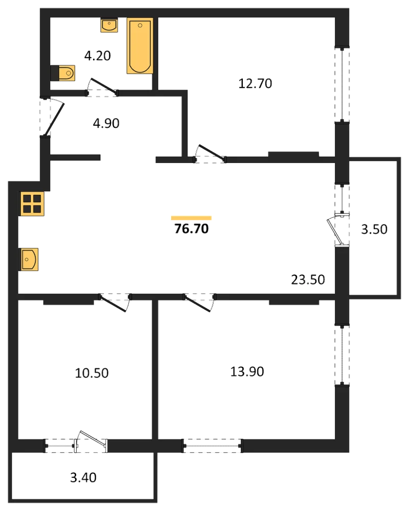 Планировка: 3-комн., 76,7 м²