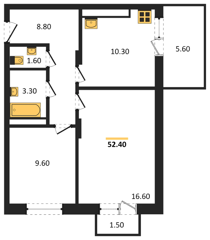 Планировка: 2-комн., 52,4 м²