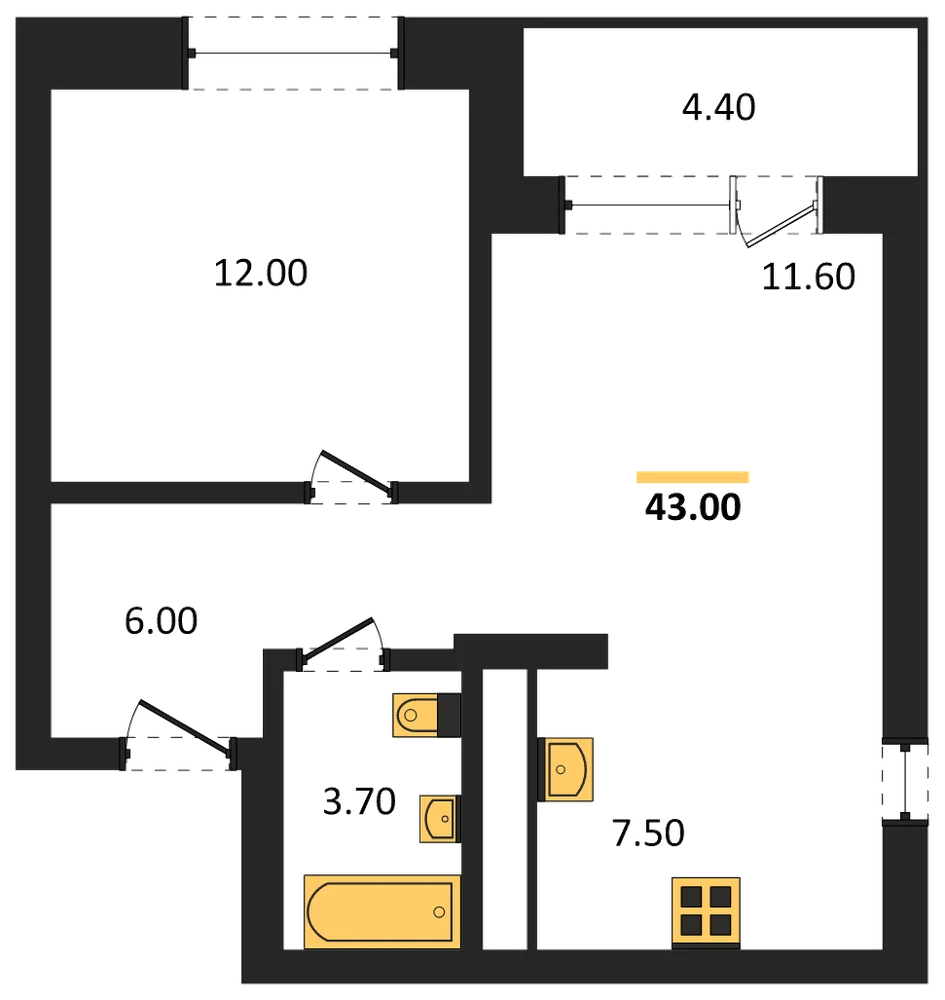 Планировка: 1-комн., 43 м²