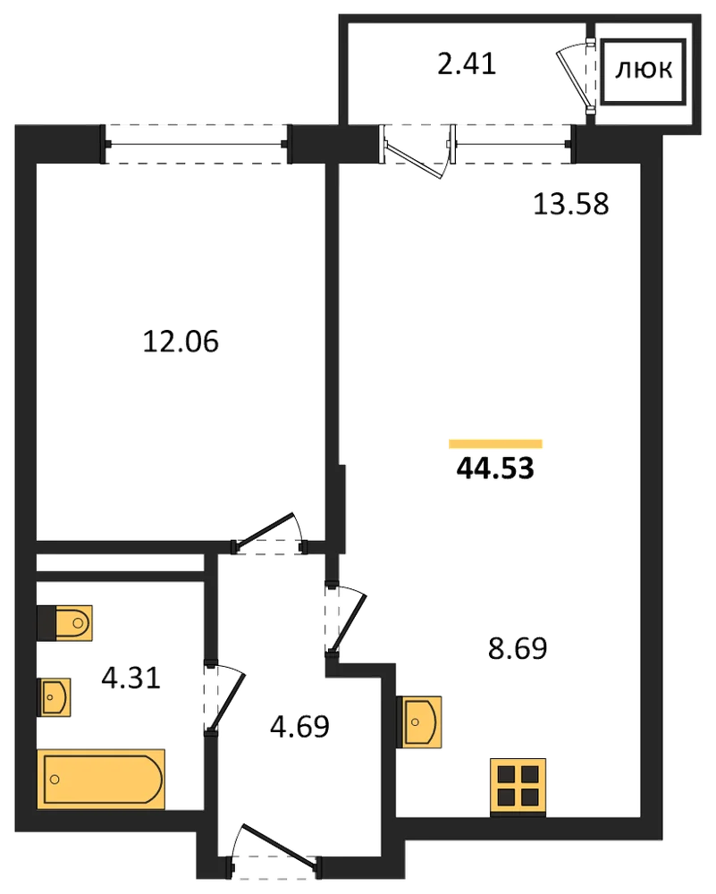 Планировка: 1-комн., 44,5 м²