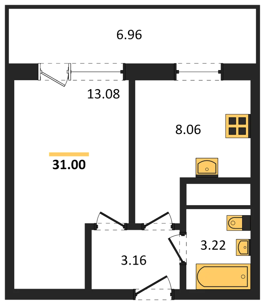 Планировка: 1-комн., 31 м²