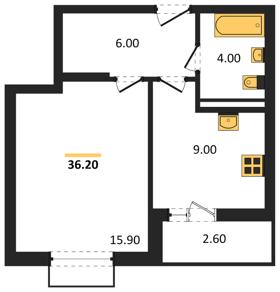 Планировка: 1-комн., 36,2 м²