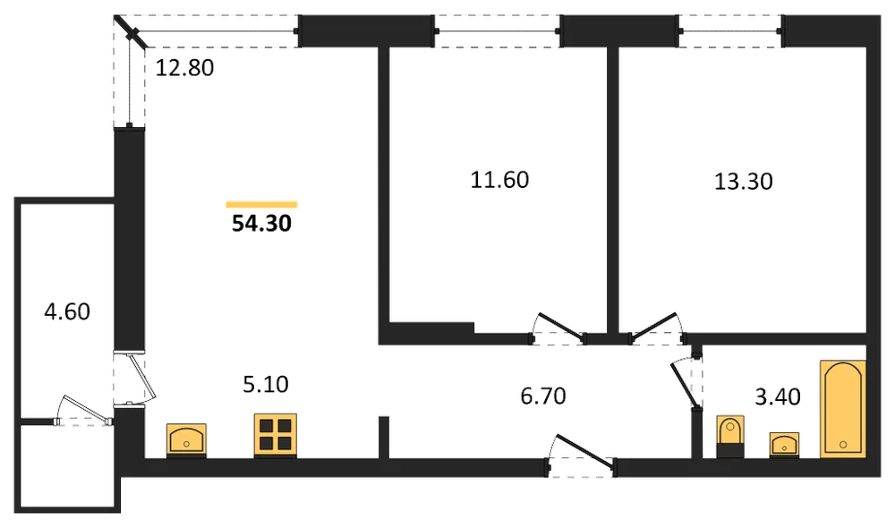 Планировка: 2-комн., 54,3 м²