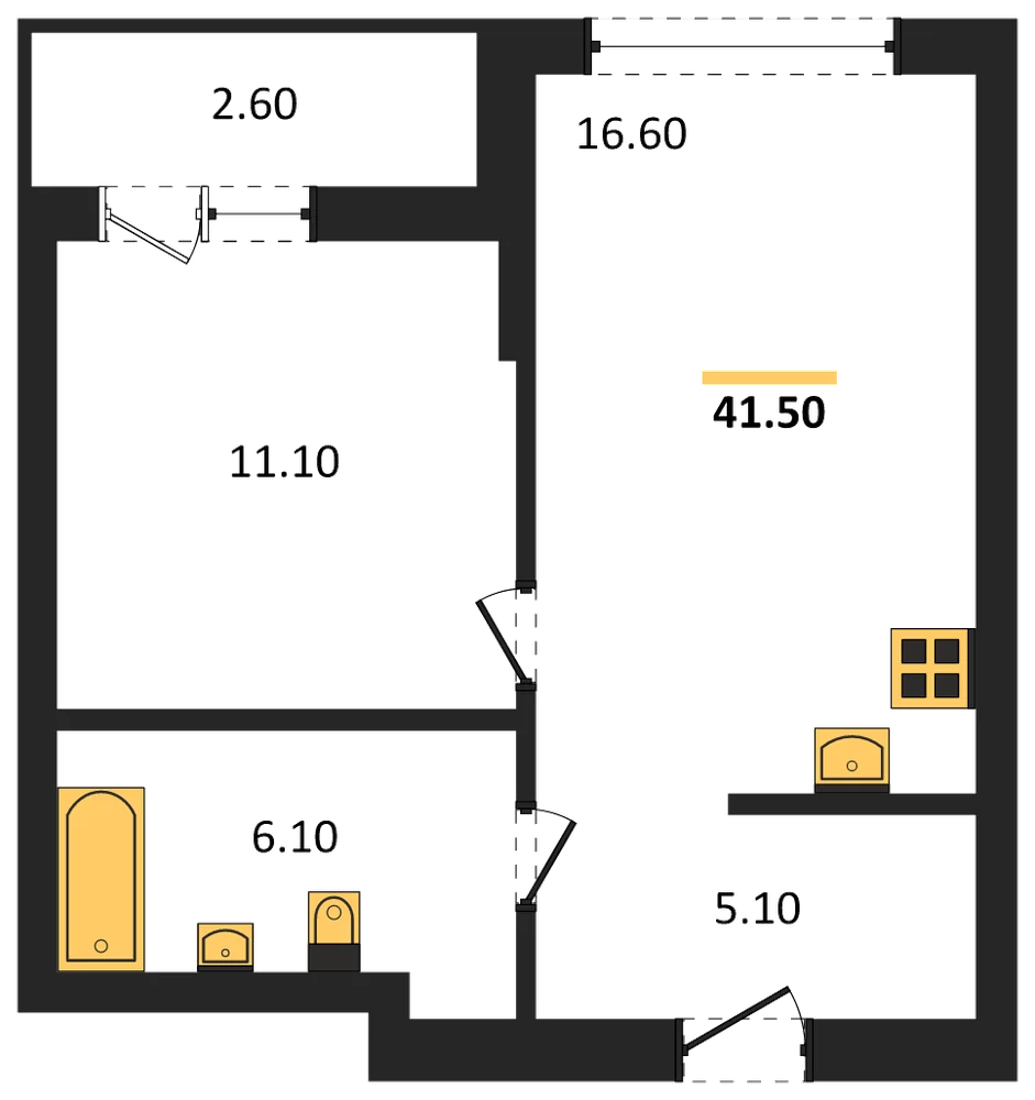 Планировка: 1-комн., 41,5 м²