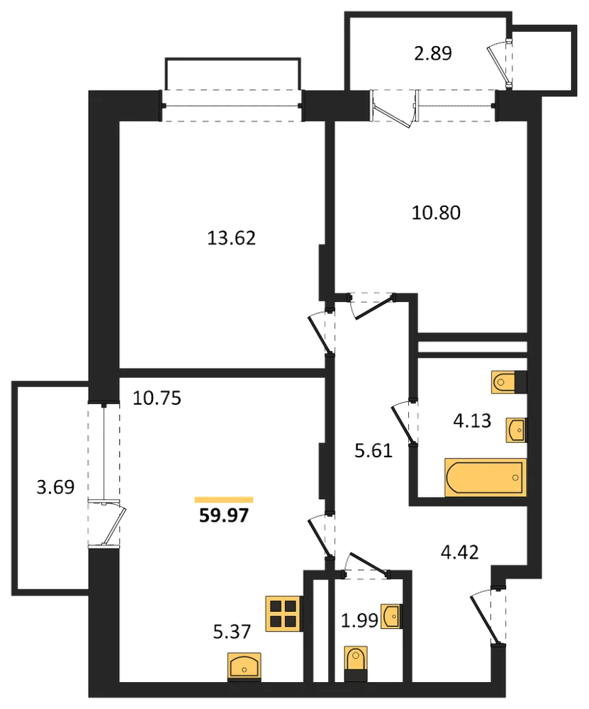Планировка: 2-комн., 60 м²