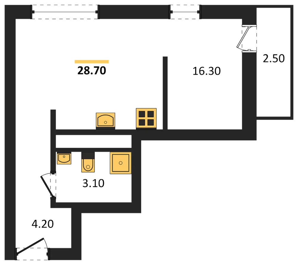 Планировка: Студия, 28,7 м²