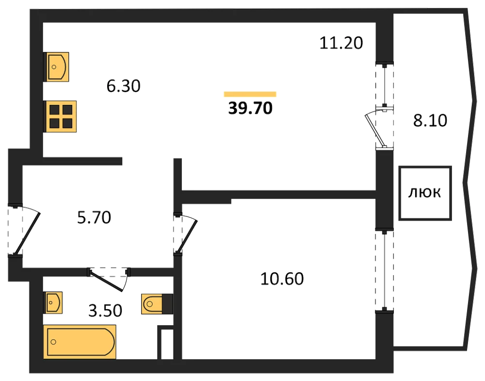 Планировка: 1-комн., 39,7 м²
