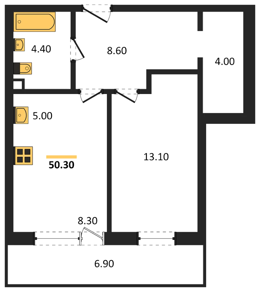 Планировка: 1-комн., 50,3 м²
