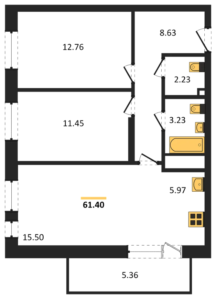Планировка: 2-комн., 61,4 м²
