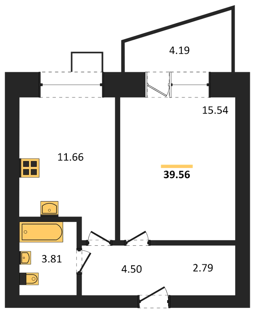 Планировка: 1-комн., 39,5 м²