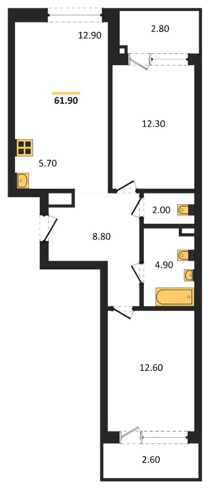 Планировка: 2-комн., 61,9 м²