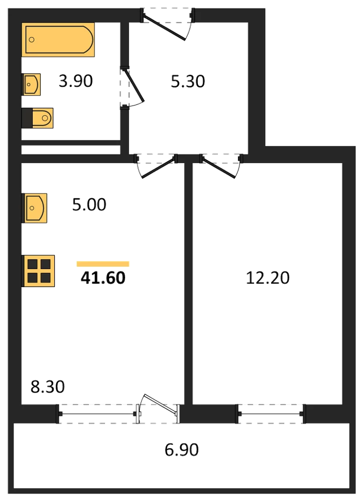 Планировка: 1-комн., 41,6 м²