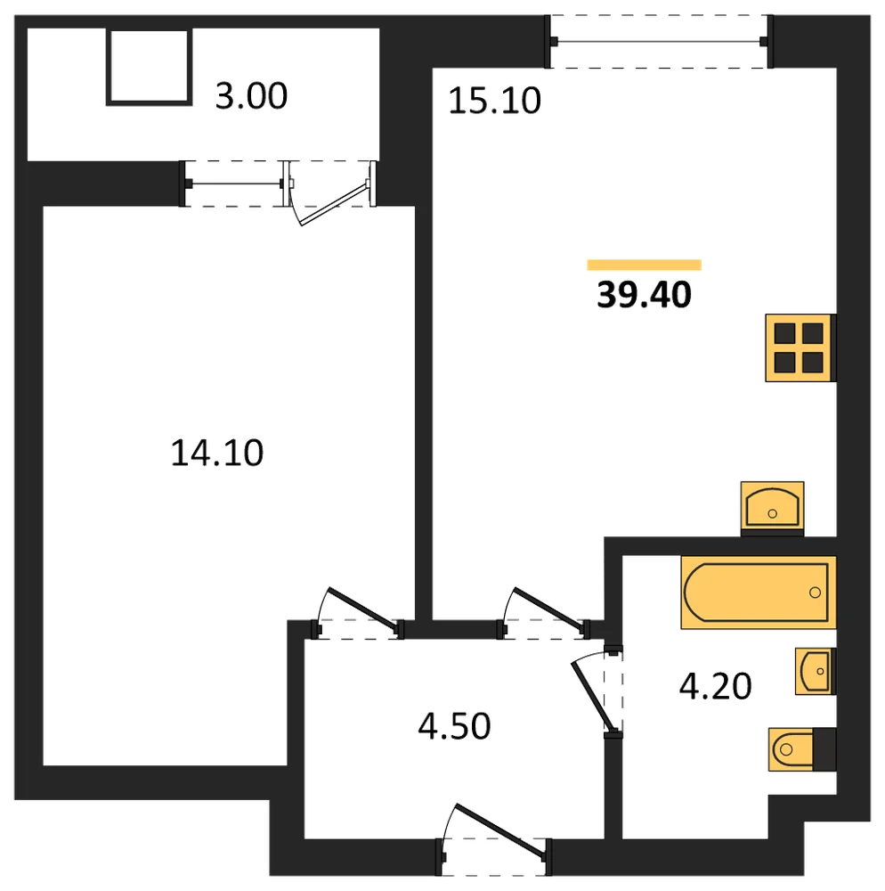 Планировка: 1-комн., 39,4 м²