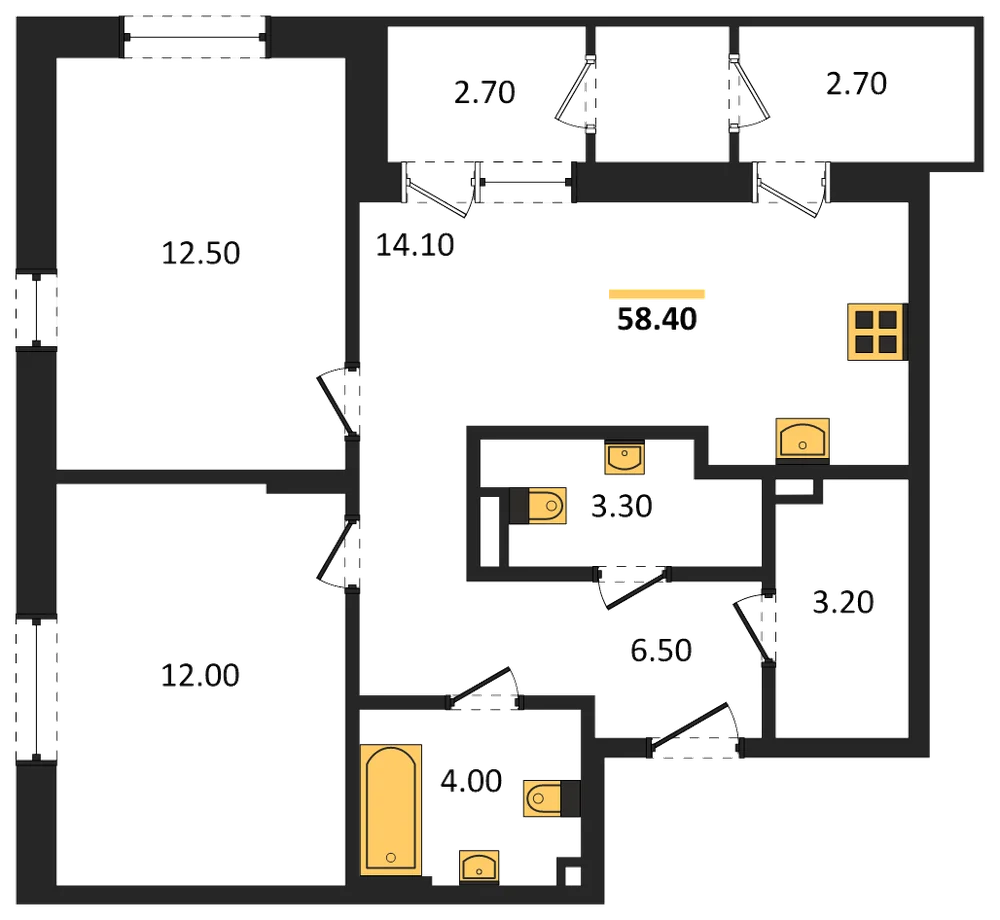 Планировка: 2-комн., 58,4 м²