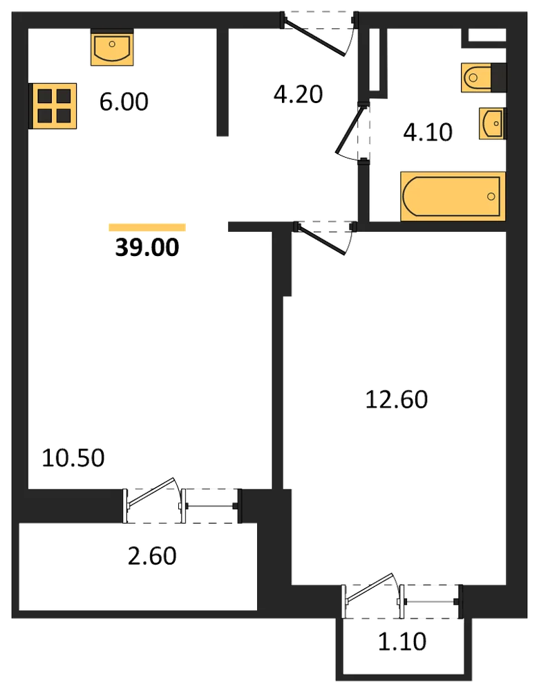 Планировка: 1-комн., 39 м²
