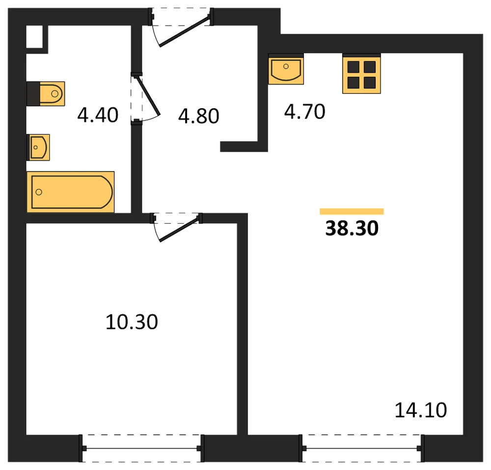 Планировка: 1-комн., 38,3 м²