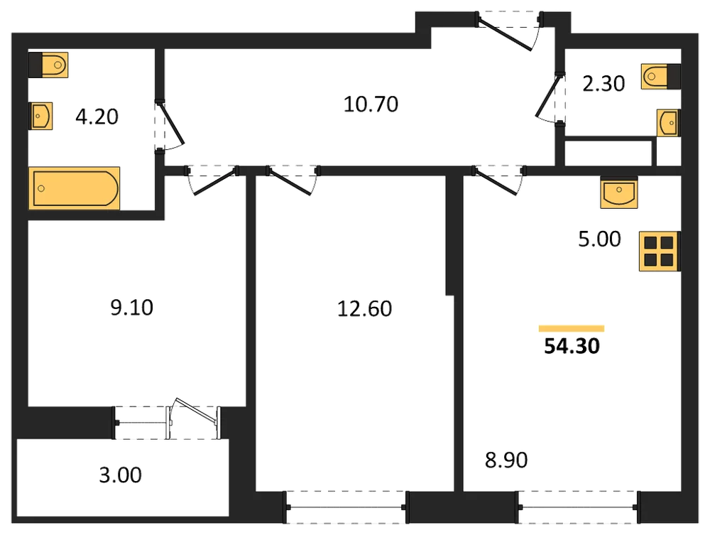 Планировка: 2-комн., 54,3 м²