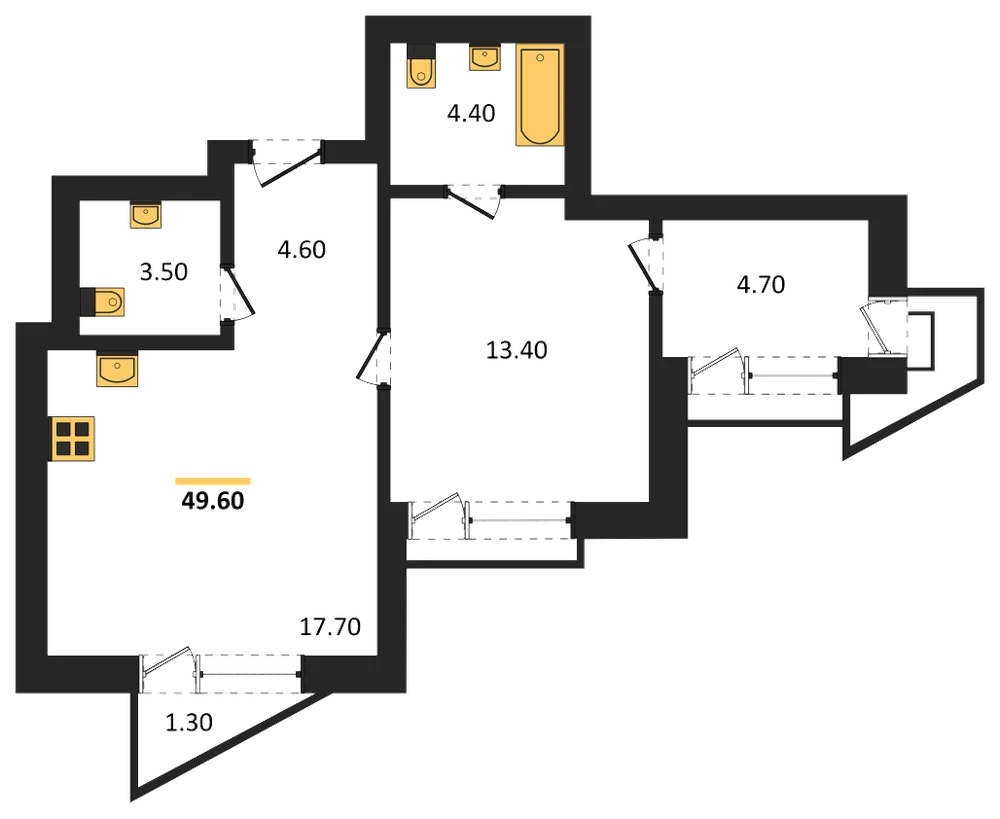 Планировка: 1-комн., 49,6 м²