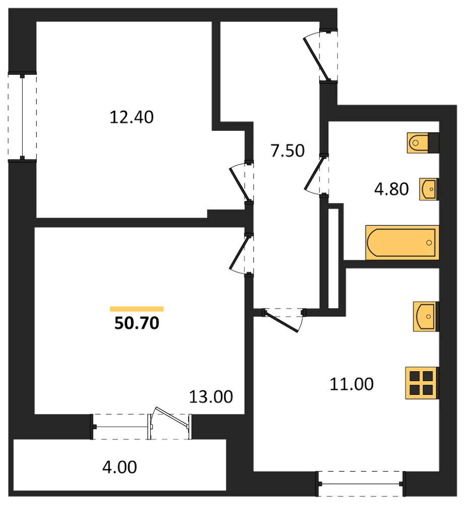 Планировка: 2-комн., 50,7 м²