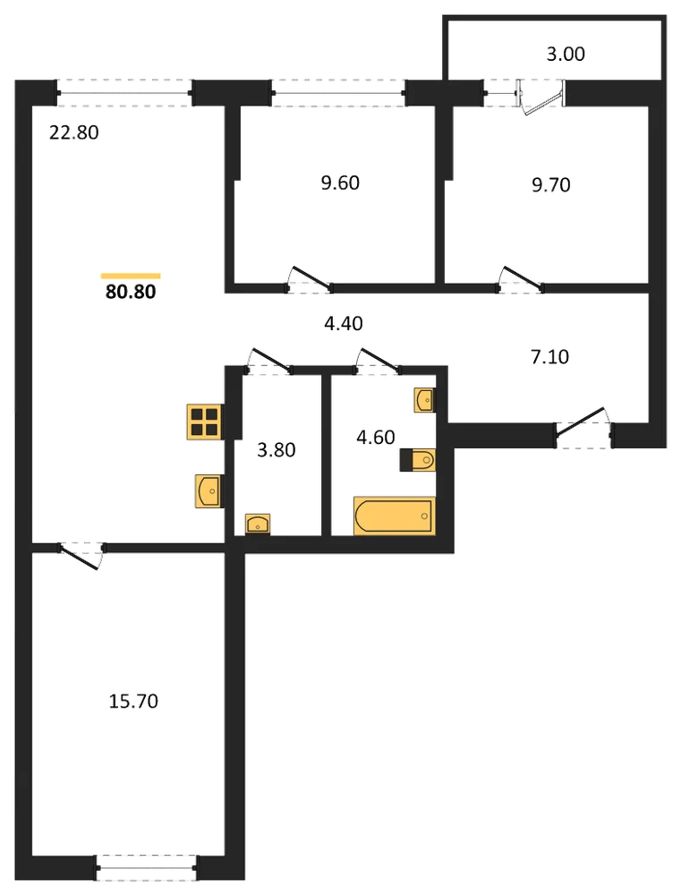 Планировка: 3-комн., 80,8 м²