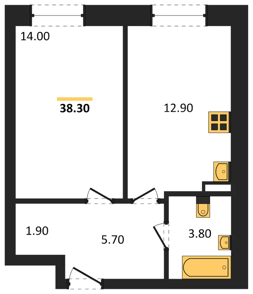 Планировка: 1-комн., 38,3 м²