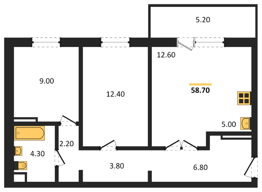 Планировка: 2-комн., 58,7 м²