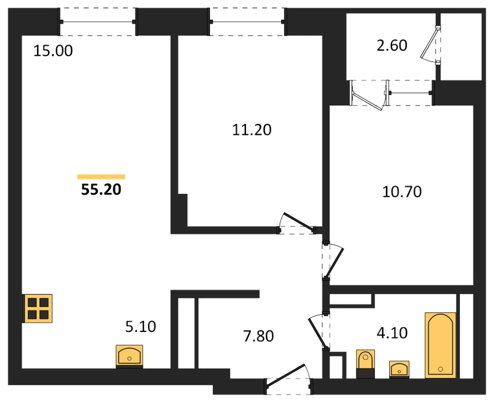 Планировка: 2-комн., 55,2 м²