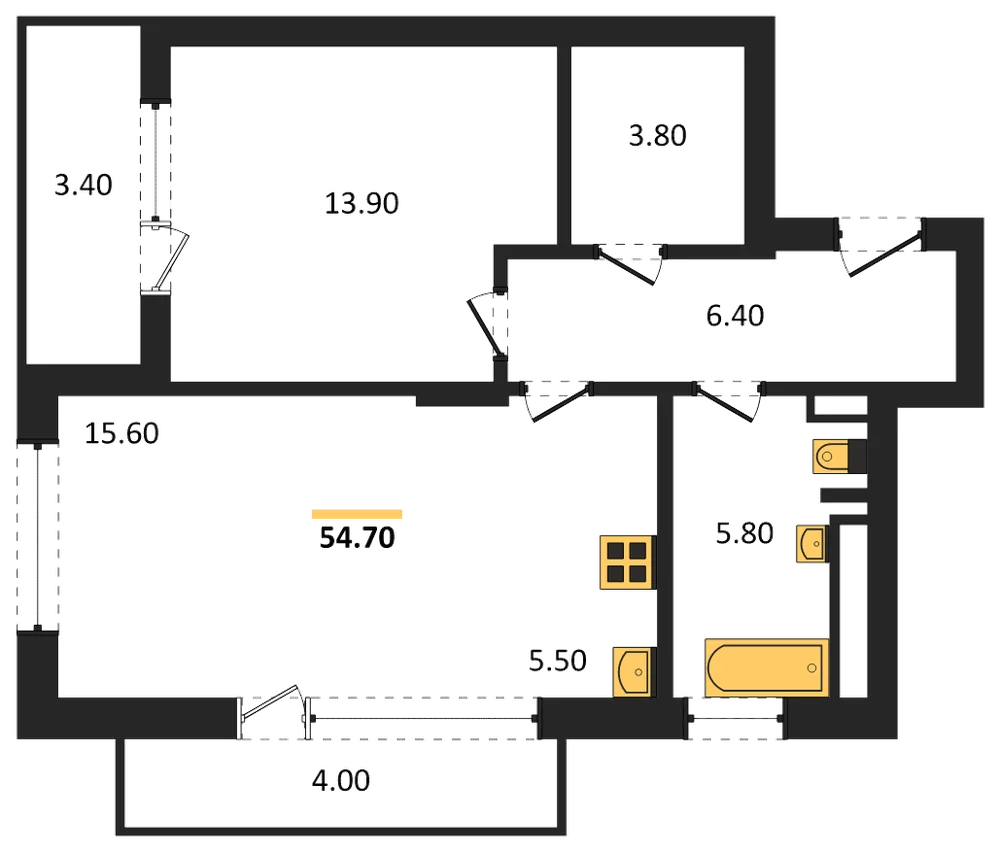 Планировка: 1-комн., 54,7 м²