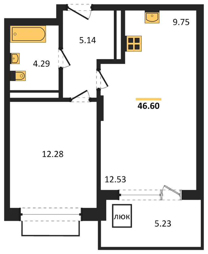 Планировка: 1-комн., 46,6 м²