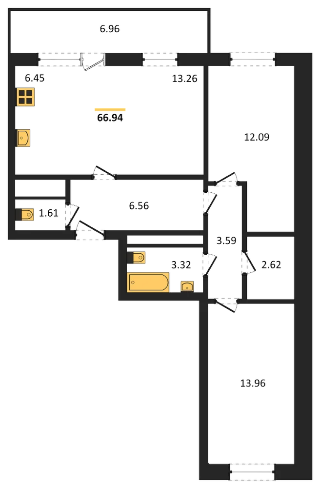 Планировка: 3-комн., 66,9 м²