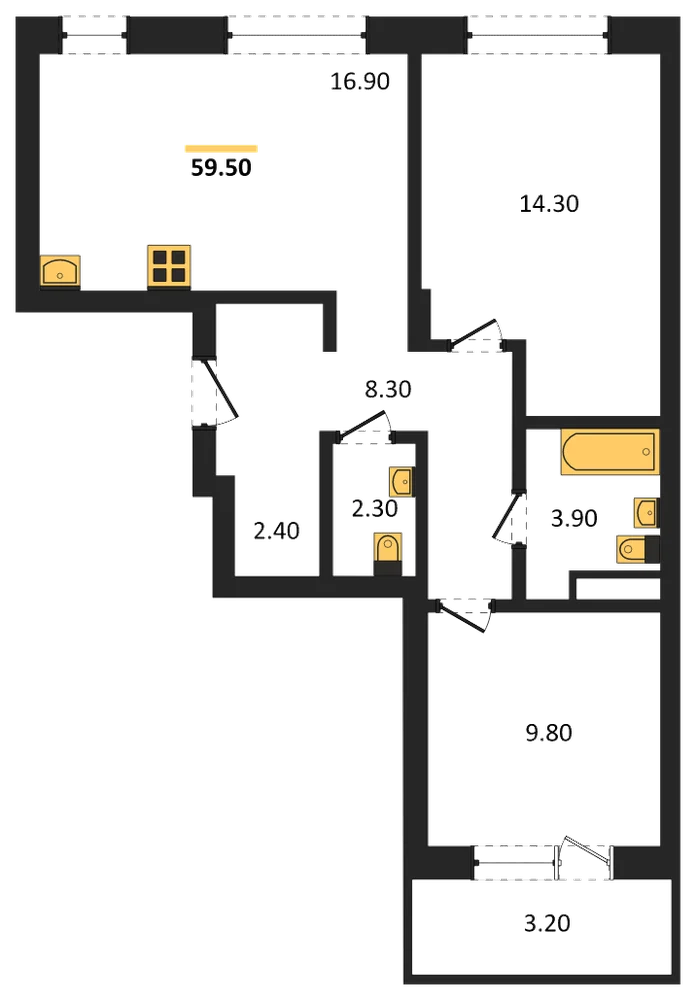 Планировка: 2-комн., 59,5 м²