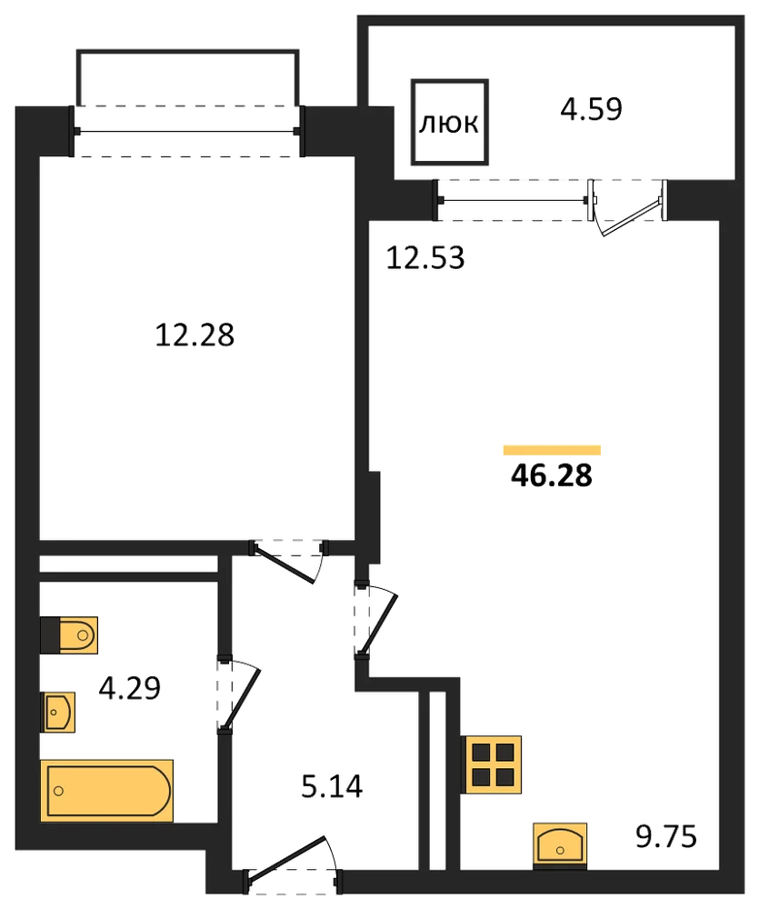 Планировка: 1-комн., 46,3 м²