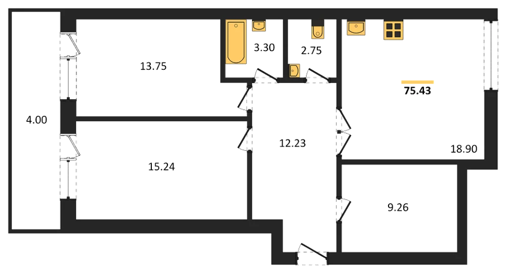 Планировка: 2-комн., 74,9 м²