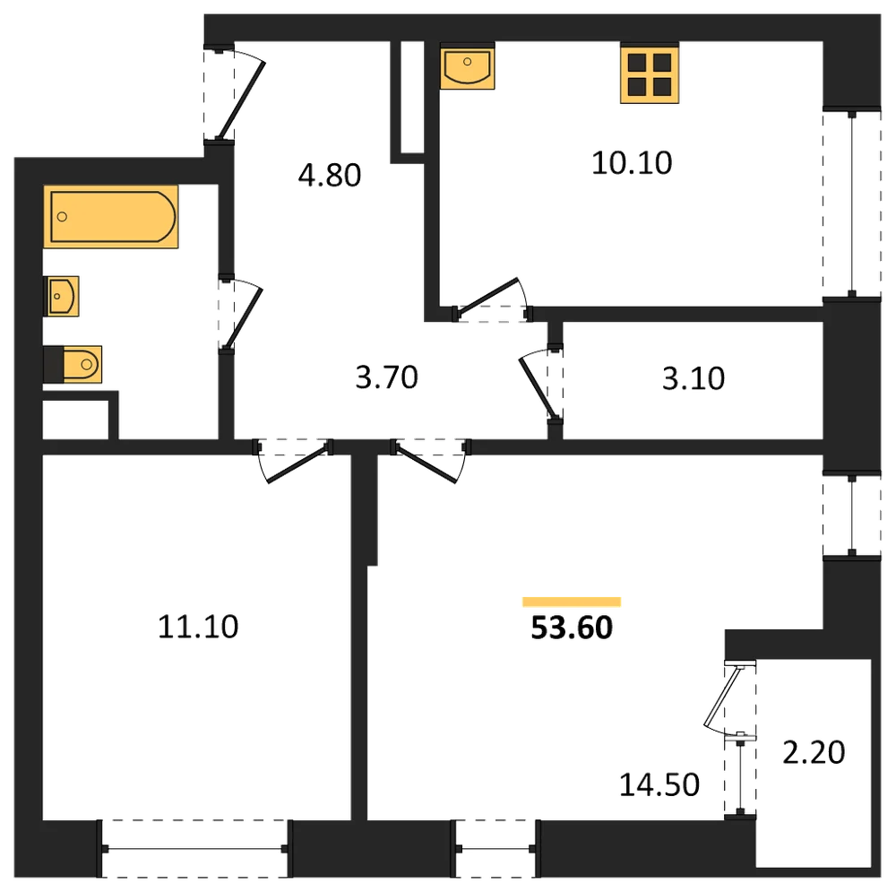 Планировка: 2-комн., 53,6 м²