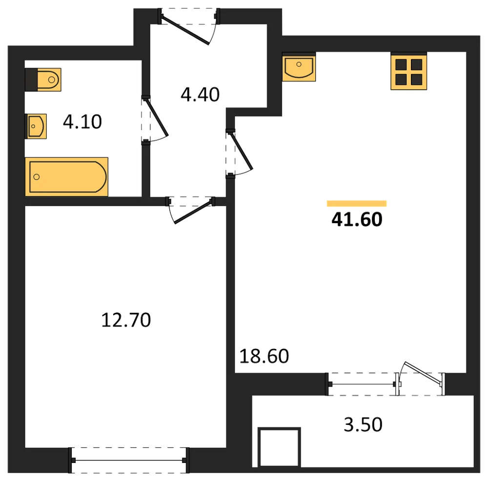 Планировка: 1-комн., 41,6 м²
