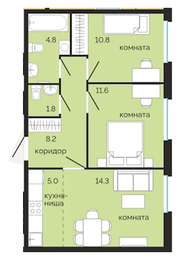Планировка: 2-комн., 56,5 м²