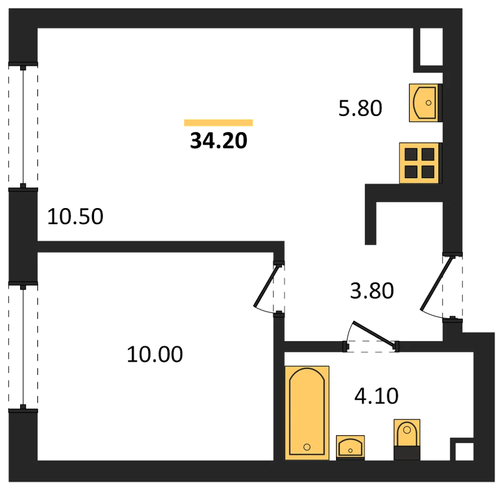 Планировка: 1-комн., 34,2 м²