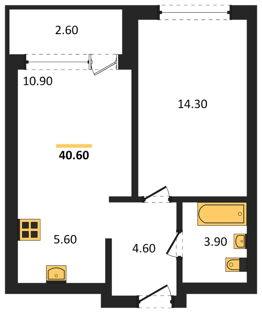 Планировка: 1-комн., 40,6 м²