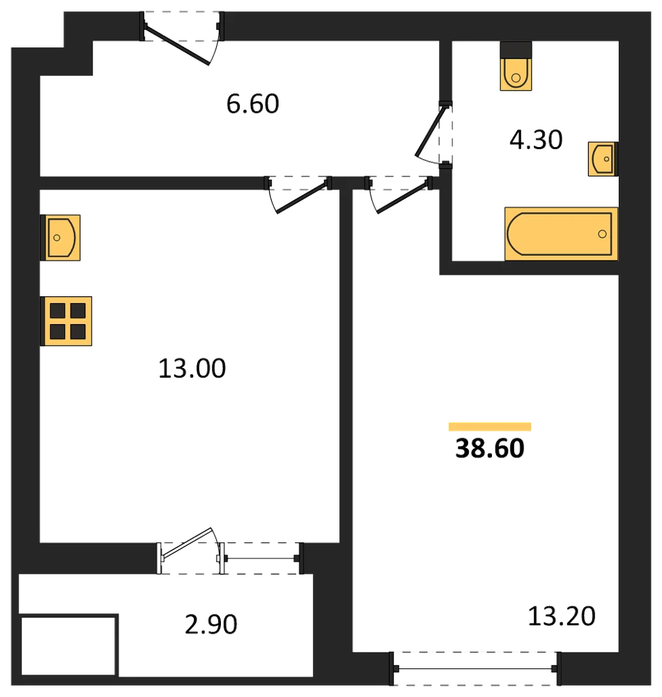 Планировка: 1-комн., 38,6 м²